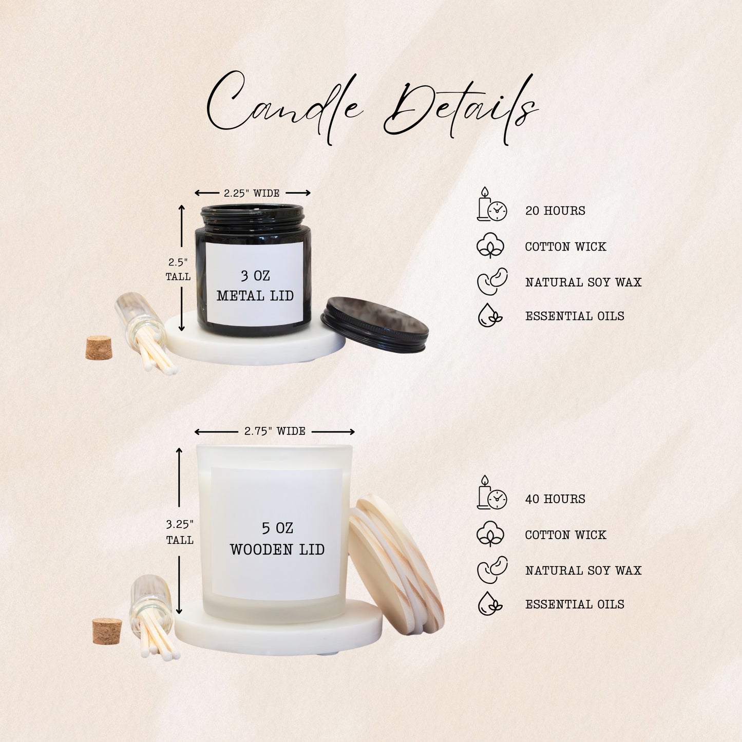 Image comparing two candle sizes and styles from Gift of Bliss Co. The 3 oz candle comes in a black glass jar with a metal lid, measuring 2.25" wide and 2.5" tall, with a 20-hour burn time. The 5 oz candle is in a frosted glass jar with a wooden lid, measuring 2.75" wide and 3.25" tall, with a 40-hour burn time. Both candles feature a cotton wick, natural soy wax, and essential oils.