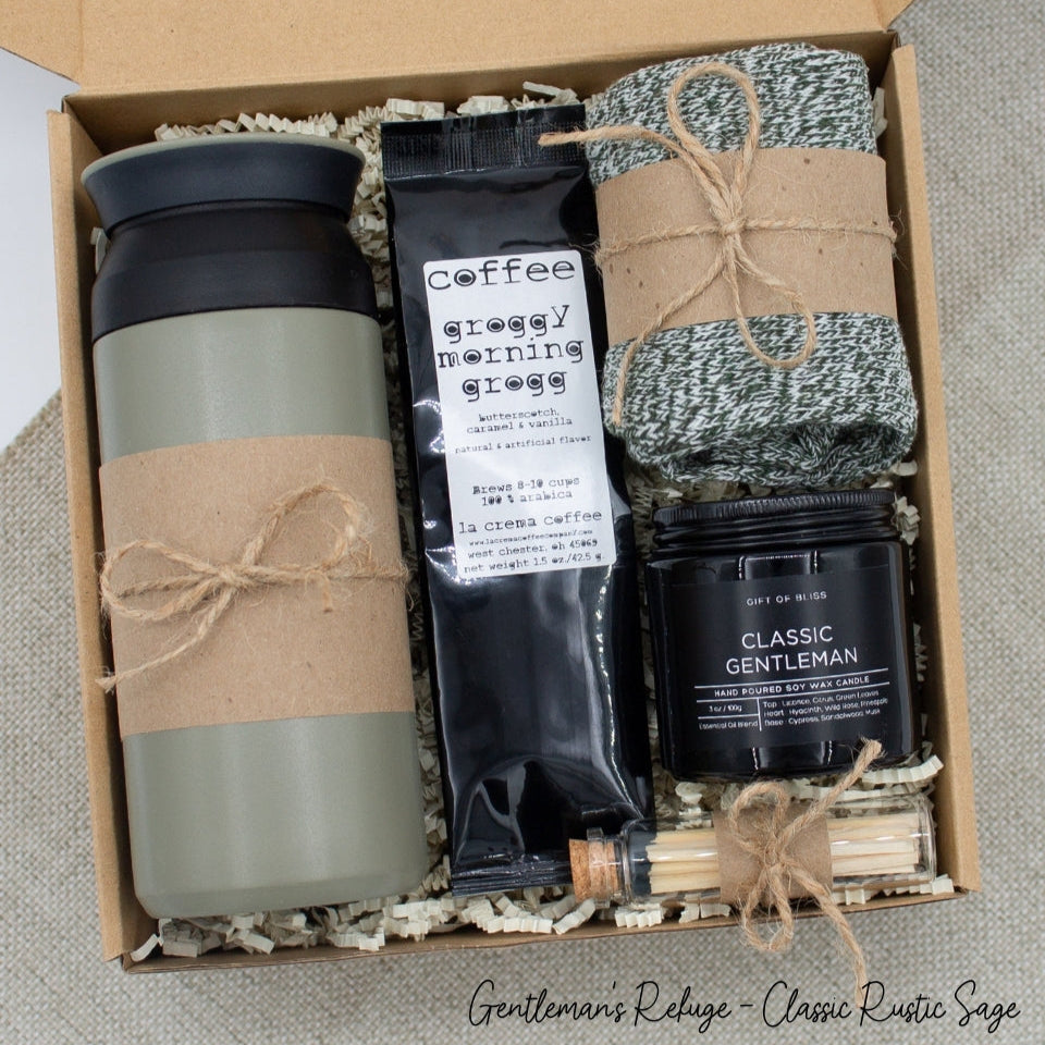 Specially crafted gift box for men, suitable for anyone valuing timeless style. Includes a stainless steel tumbler, coffee, aromatherapy candle, and cozy men's socks. A perfect gift for a comforting & indulgent experience.