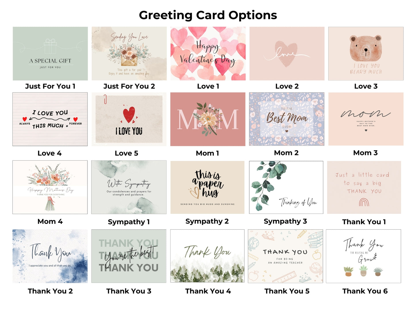 Greeting card options featuring 20 designs, including Just For You, Love, Mom, Sympathy, Thank You, and Teacher appreciation themes in soft, colorful, and illustrated styles.