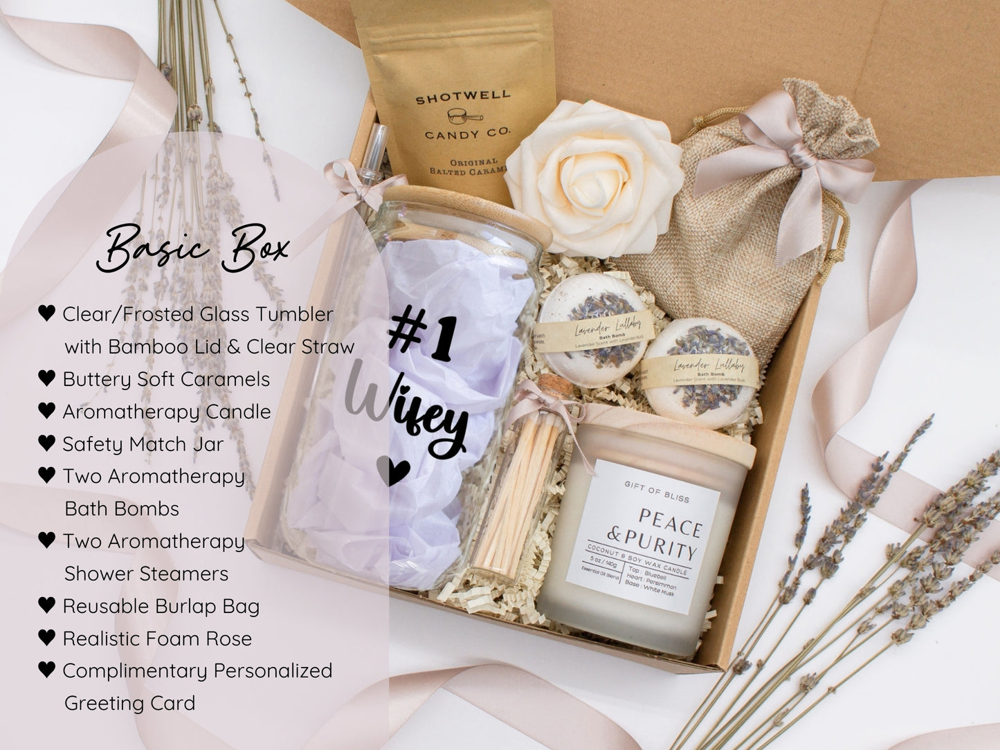 Spa gift basket for her with fragrant bath treats, glass cup, soft caramels, relaxing candle, and a beautifull rose. Pick from one of the three scents: Rose, Lavender, or Jasmine. Perfect to pamper and honor her.