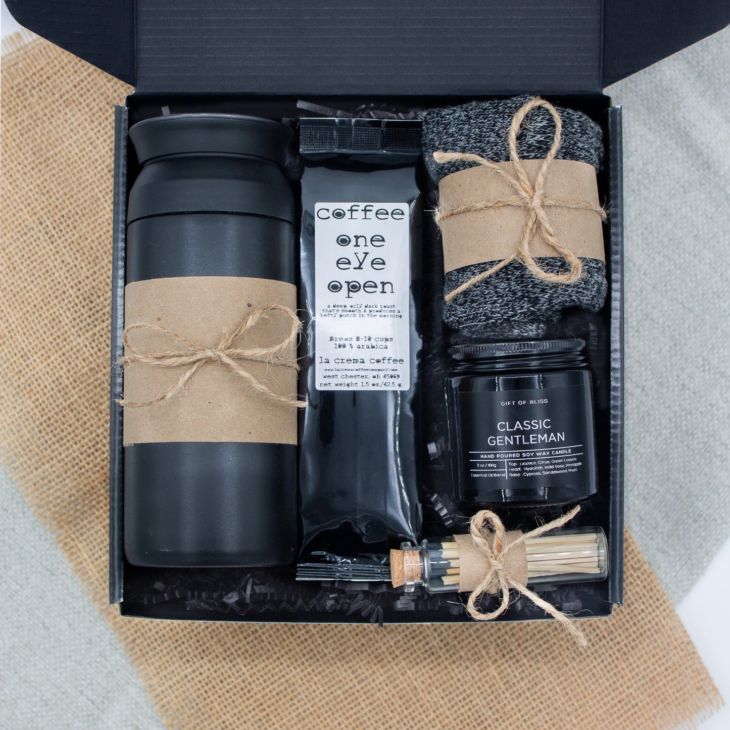 Gentleman's Refuge Basic (Specially crafted gift box for men, suitable for anyone valuing timeless style. Includes a stainless steel tumbler, coffee, aromatherapy candle, and cozy men's socks. A perfect gift for a comforting & indulgent experience.)