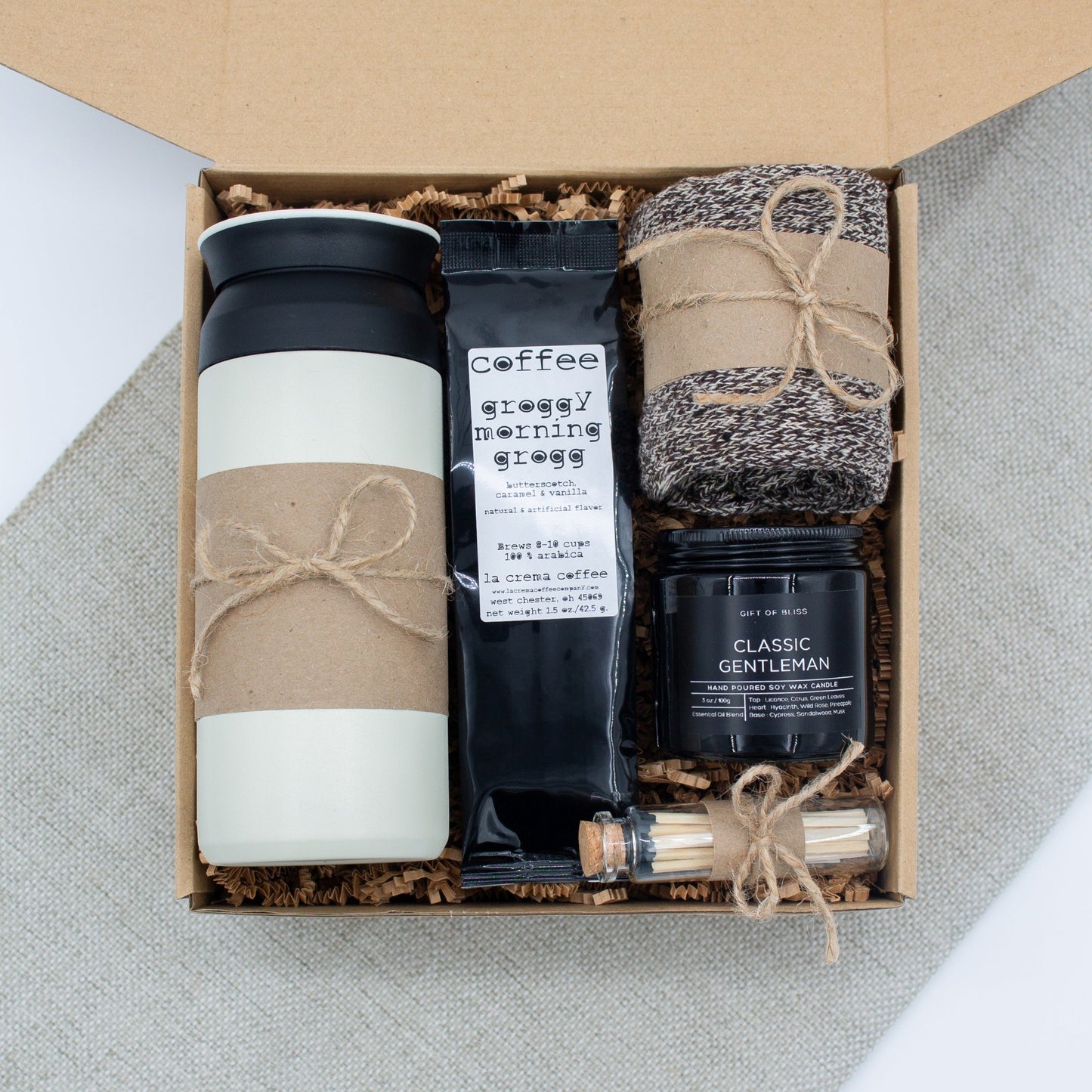 Gentleman's Refuge Basic (Specially crafted gift box for men, suitable for anyone valuing timeless style. Includes a stainless steel tumbler, coffee, aromatherapy candle, and cozy men's socks. A perfect gift for a comforting & indulgent experience.)
