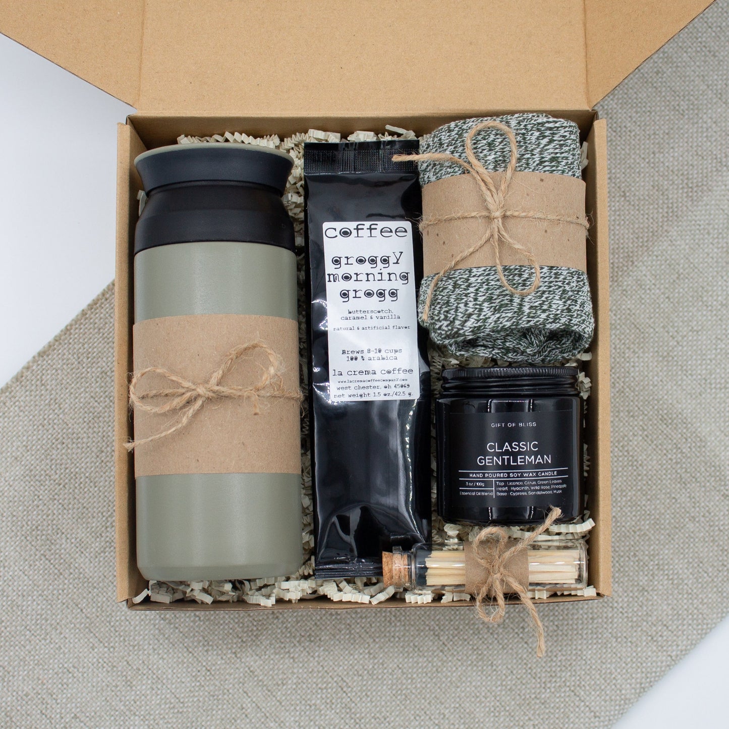 Gentleman's Refuge Basic (Specially crafted gift box for men, suitable for anyone valuing timeless style. Includes a stainless steel tumbler, coffee, aromatherapy candle, and cozy men's socks. A perfect gift for a comforting & indulgent experience.)