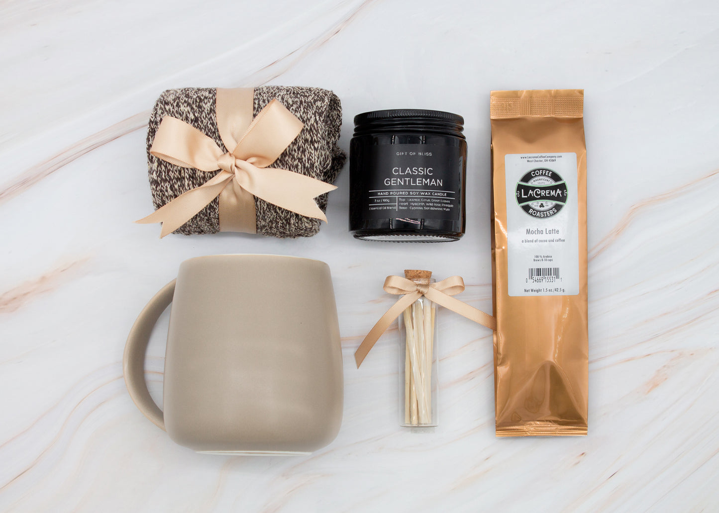 Urban Comfort Basic (Specially crafted gift box, ideal for modern individuals who value style and comfort. Includes 12 oz ceramic mug, selection of coffee flavors, aromatic candles and matches, and stylish mens socks, all arranged for a memorable experience.)