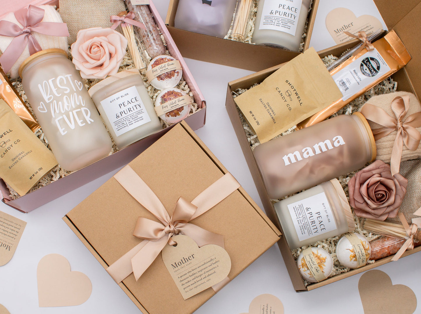 Mom gift box with fragrant bath treats, Best Mom Ever glass cup, mocha latte coffe, soft caramels, relaxing candle, cozy socks, and a beautifull rose. Pick from one of the three scents: Rose, Lavender, or Jasmine. Perfect to pamper and honor moms.