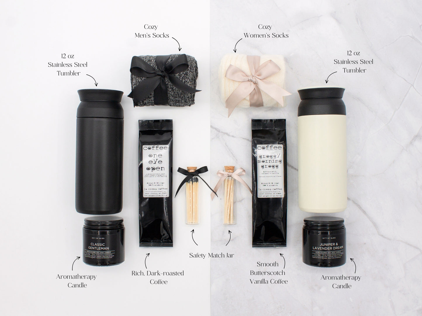 A gift box designed for two. Includes two stainless steel tumblers, a selection of fine coffees, elegant match jars, uniquely scented candles, and cozy socks for both. Ideal for creating shared moments of relaxation and connection.