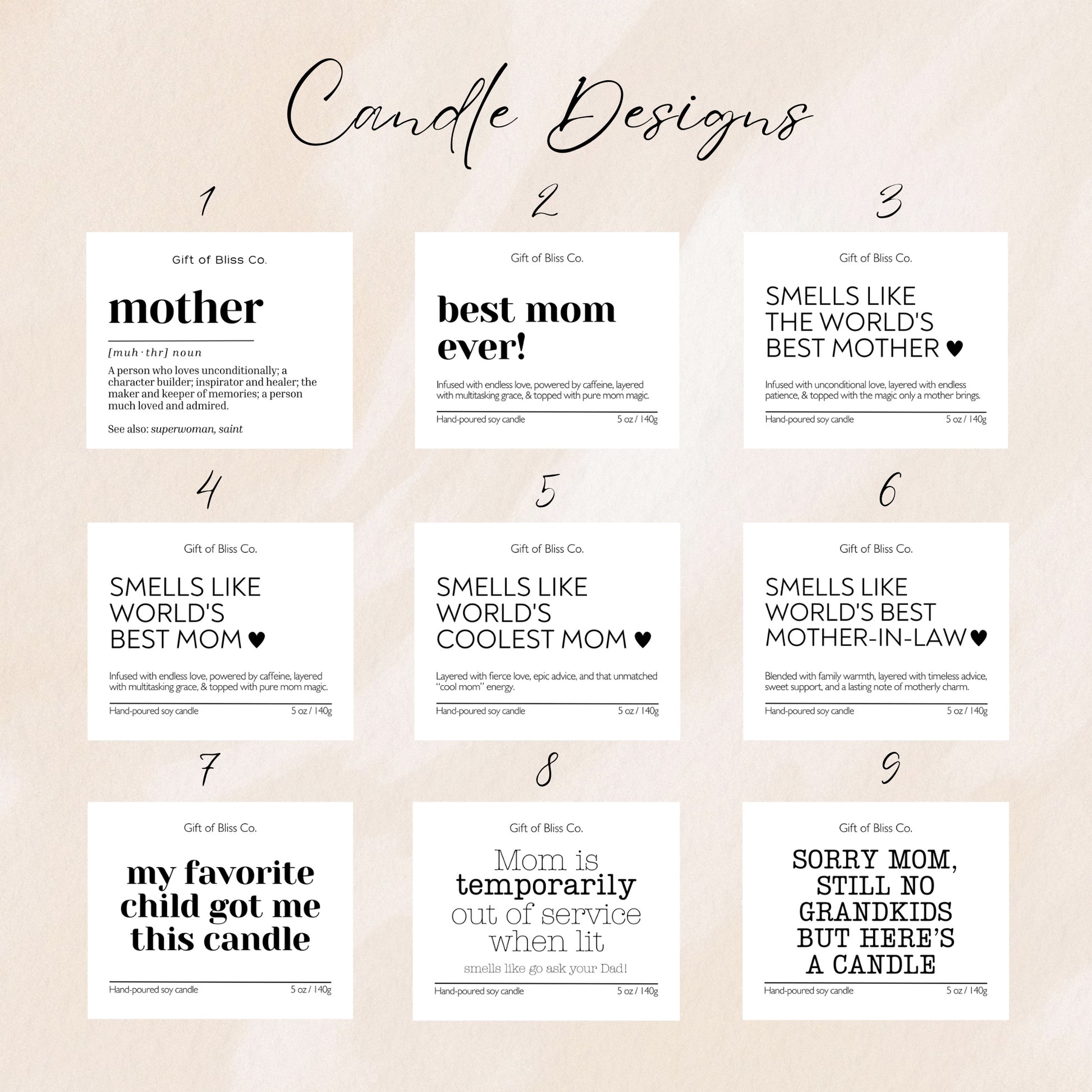 Image showing nine candle label designs from Gift of Bliss Co., each with a humorous or heartfelt message for moms. Designs include phrases like “best mom ever,” “Smells Like World's Best Mother,” “my favorite child got me this candle,” and “Sorry Mom, still no grandkids but here’s a candle.” Each label features black text on a white background and is styled to suit various personalities and gifting moods for Mother's Day or mom appreciation.