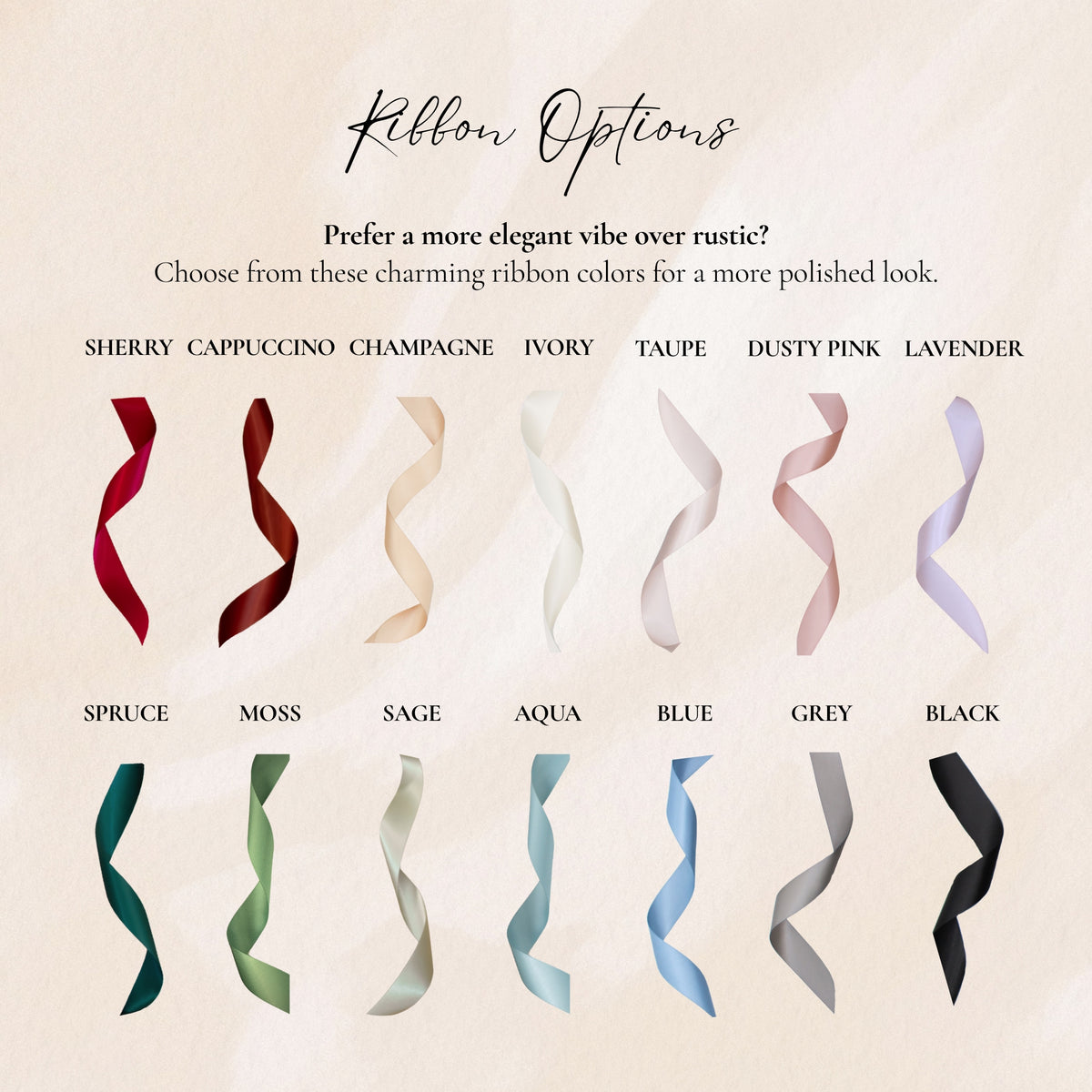Satin ribbon color chart with fourteen options including sherry, champagne, ivory, dusty pink, sage, blue and black