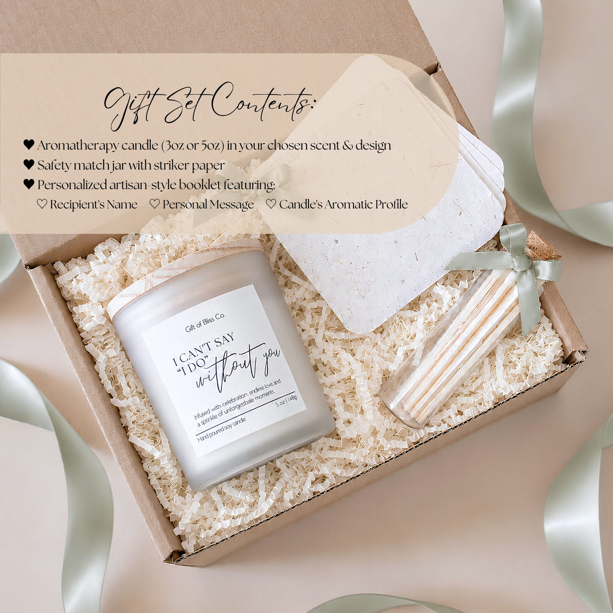Gift set contents list showing the personalized candle, safety match jar and keepsake booklet with the recipient's name and message