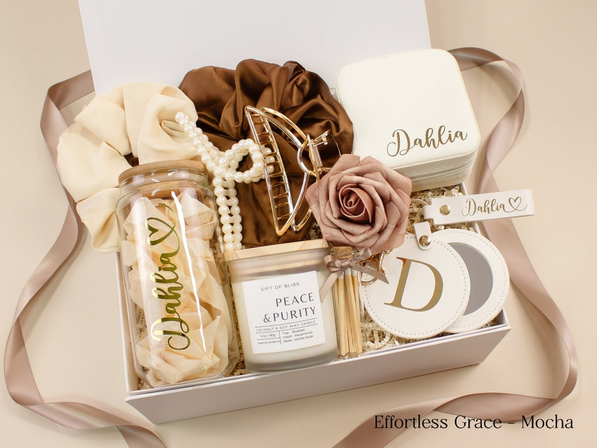 Mocha gift box for her with personalized glass tumbler, jewelry case, candle, brown satin scrunchies, pearl hair accessories, gold claw clip and initial mirror.