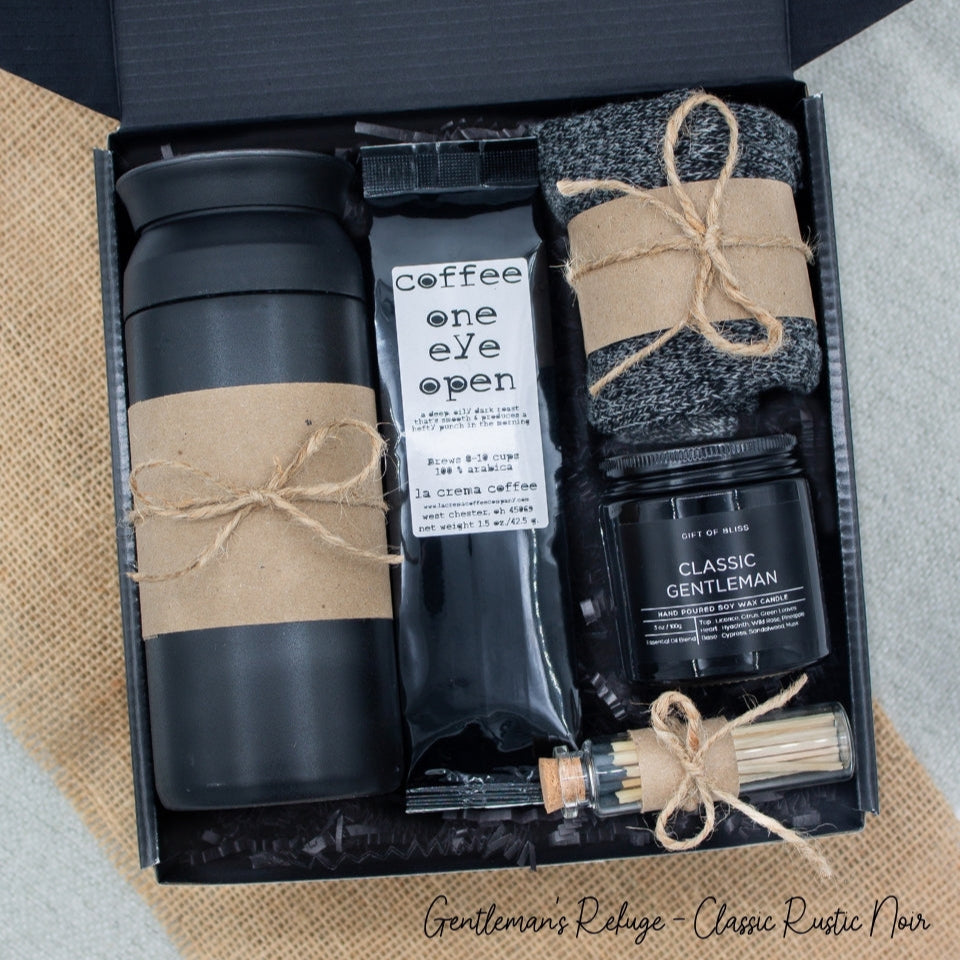 Specially crafted gift box for men, suitable for anyone valuing timeless style. Includes a stainless steel tumbler, coffee, aromatherapy candle, and cozy men's socks. A perfect gift for a comforting & indulgent experience.