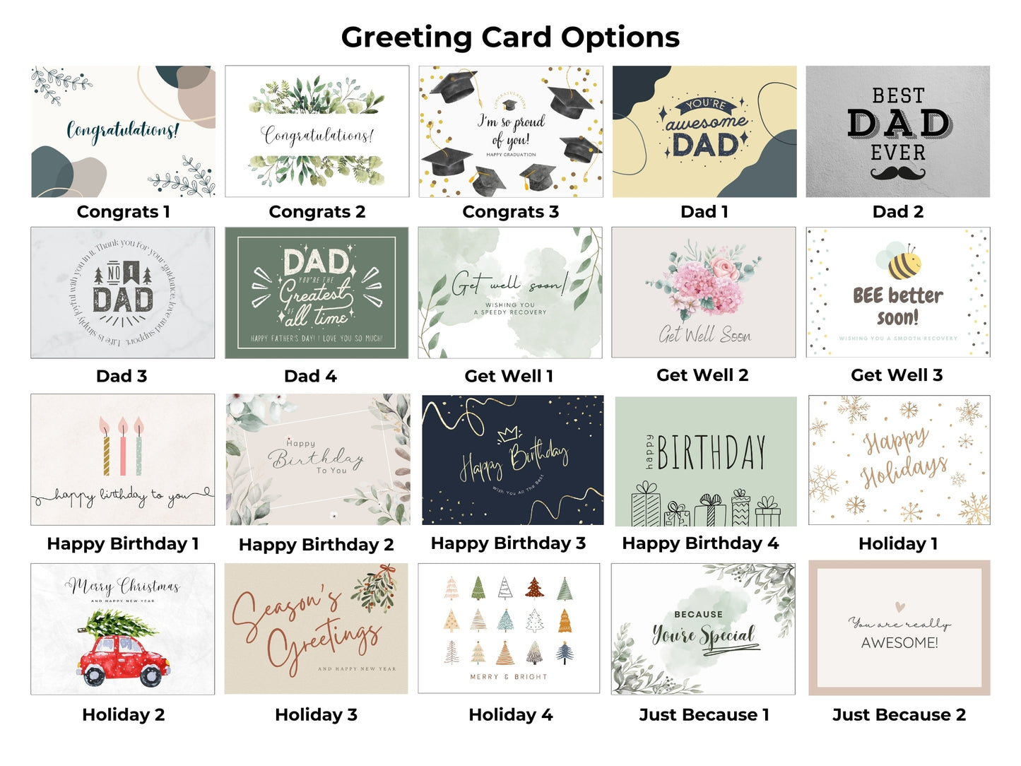 Greeting card options featuring 20 designs, including Congratulations, Dad, Get Well Soon, Happy Birthday, Holiday, and Just Because themes with modern and playful artwork.