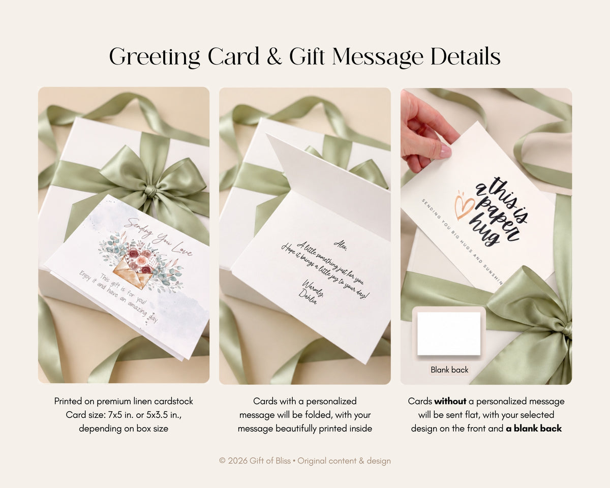 Gift message options showing premium printed greeting card, personalized message printed inside a folded card, and flat greeting card with blank back when no message is included.