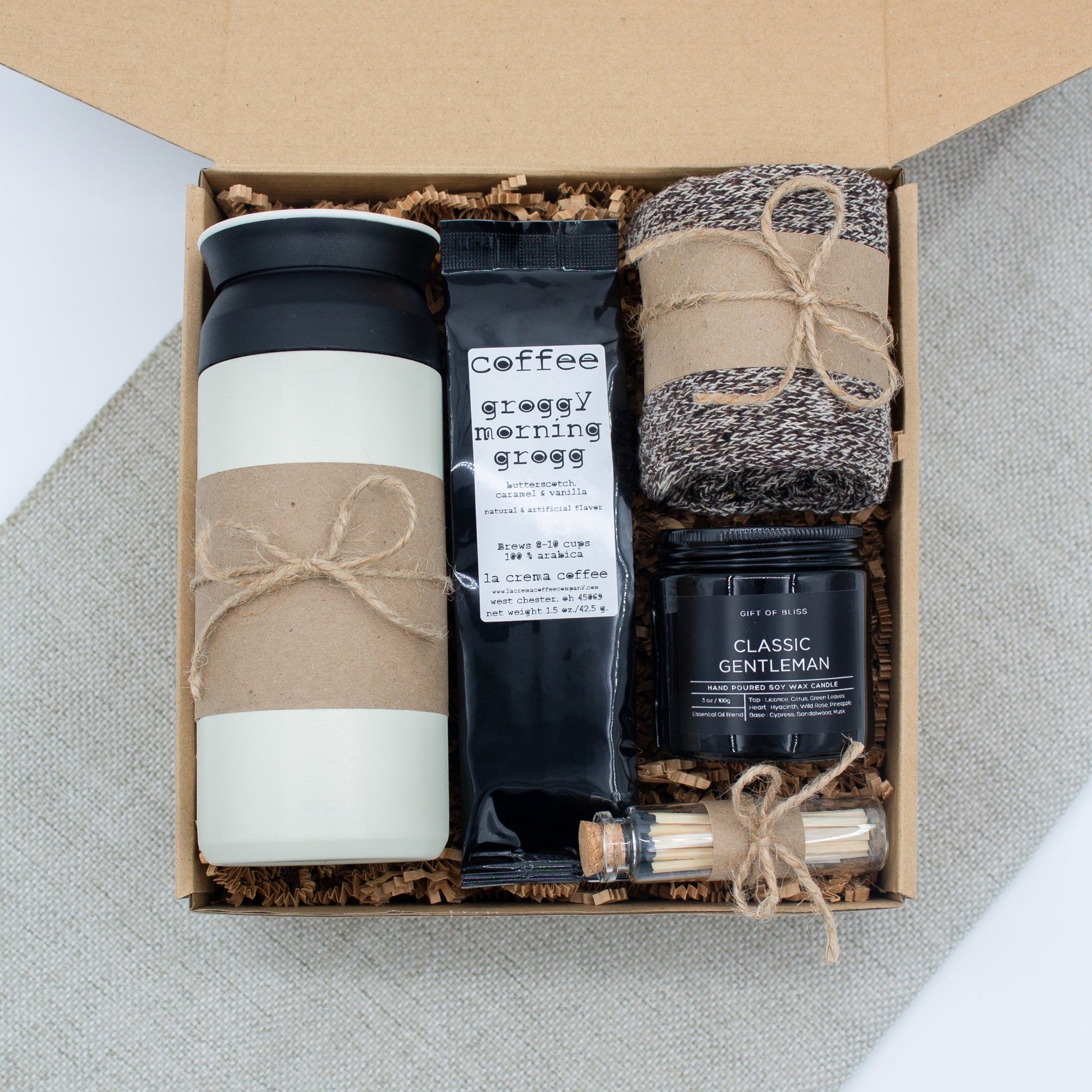 Gentleman's Refuge Basic (Specially crafted gift box for men, suitable for anyone valuing timeless style. Includes a stainless steel tumbler, coffee, aromatherapy candle, and cozy men's socks. A perfect gift for a comforting & indulgent experience.)