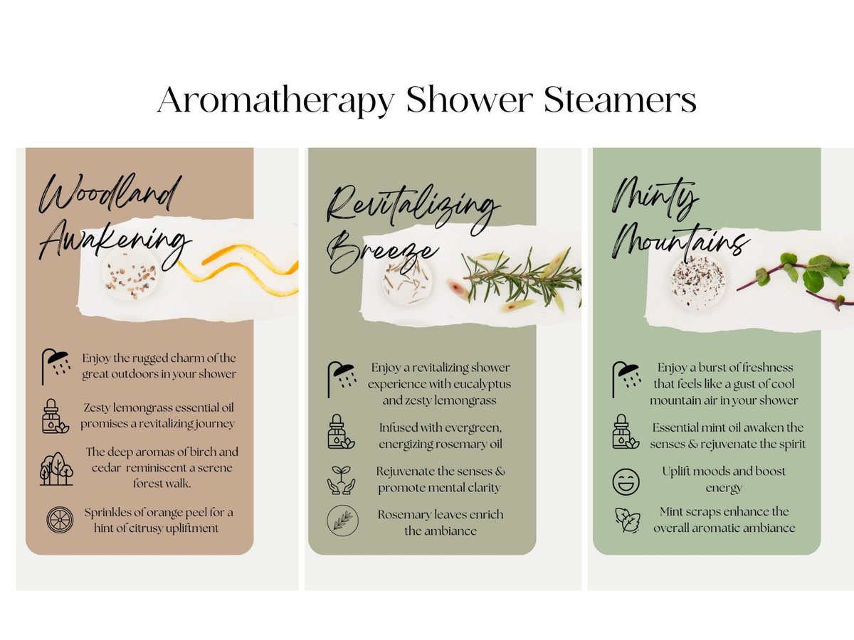 Three aromatherapy shower steamers are shown.  The first, 'Woodland Awakening', features lemongrass and cedar essential oils. The second, 'Revitalizing Breeze', features rosemary and eucalyptus. The third, 'Minty Mountains', contains mint essential oil.