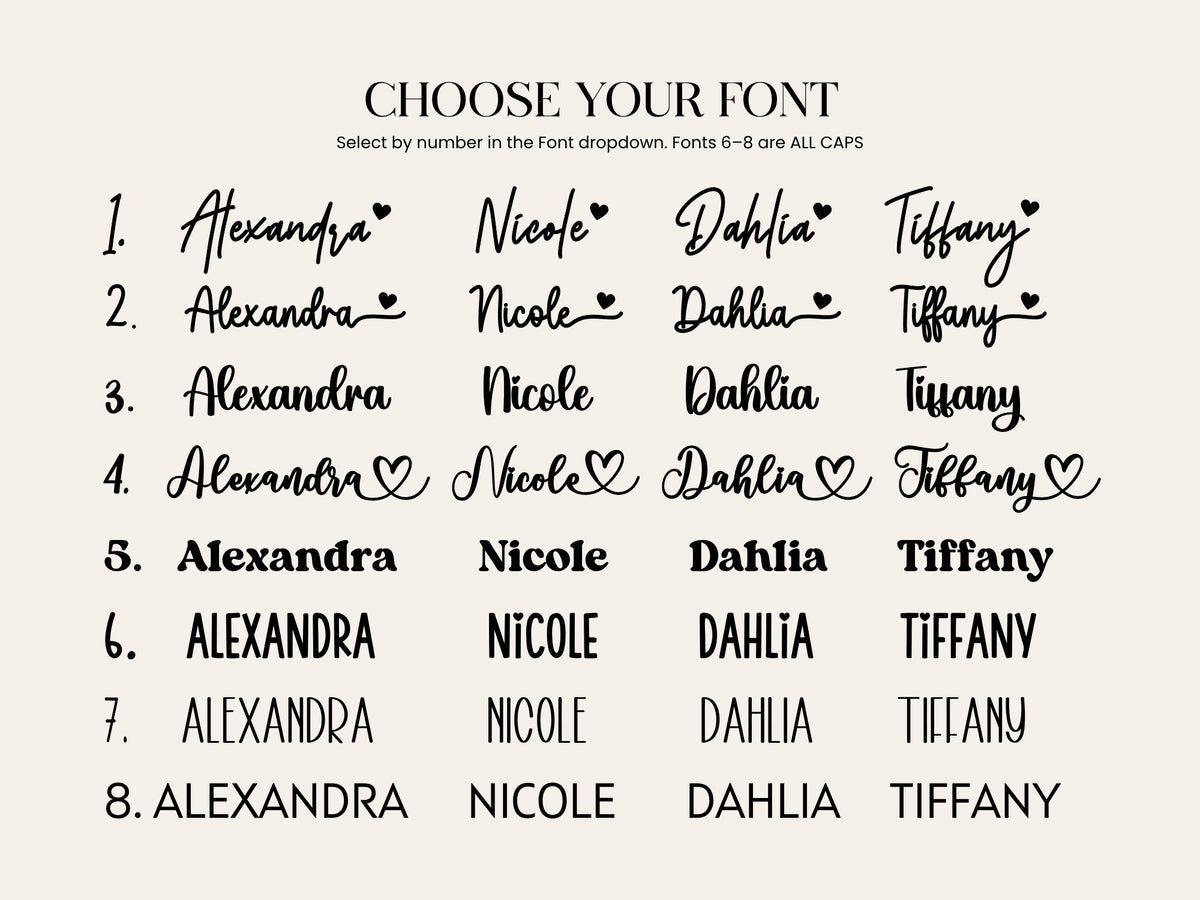 Personalization font chart showing script, handwritten and classic font options available for custom names on the glass tumbler, jewelry case and gift accessories.