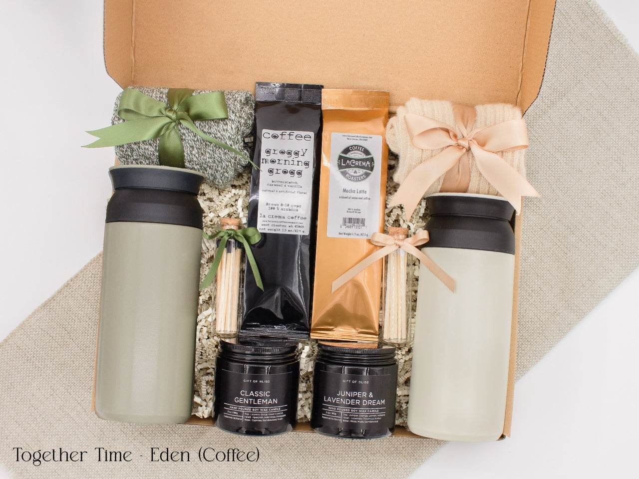 A gift box designed for two. Includes two stainless steel tumblers, a selection of fine coffees, elegant match jars, uniquely scented candles, and cozy socks for both. Ideal for creating shared moments of relaxation and connection.