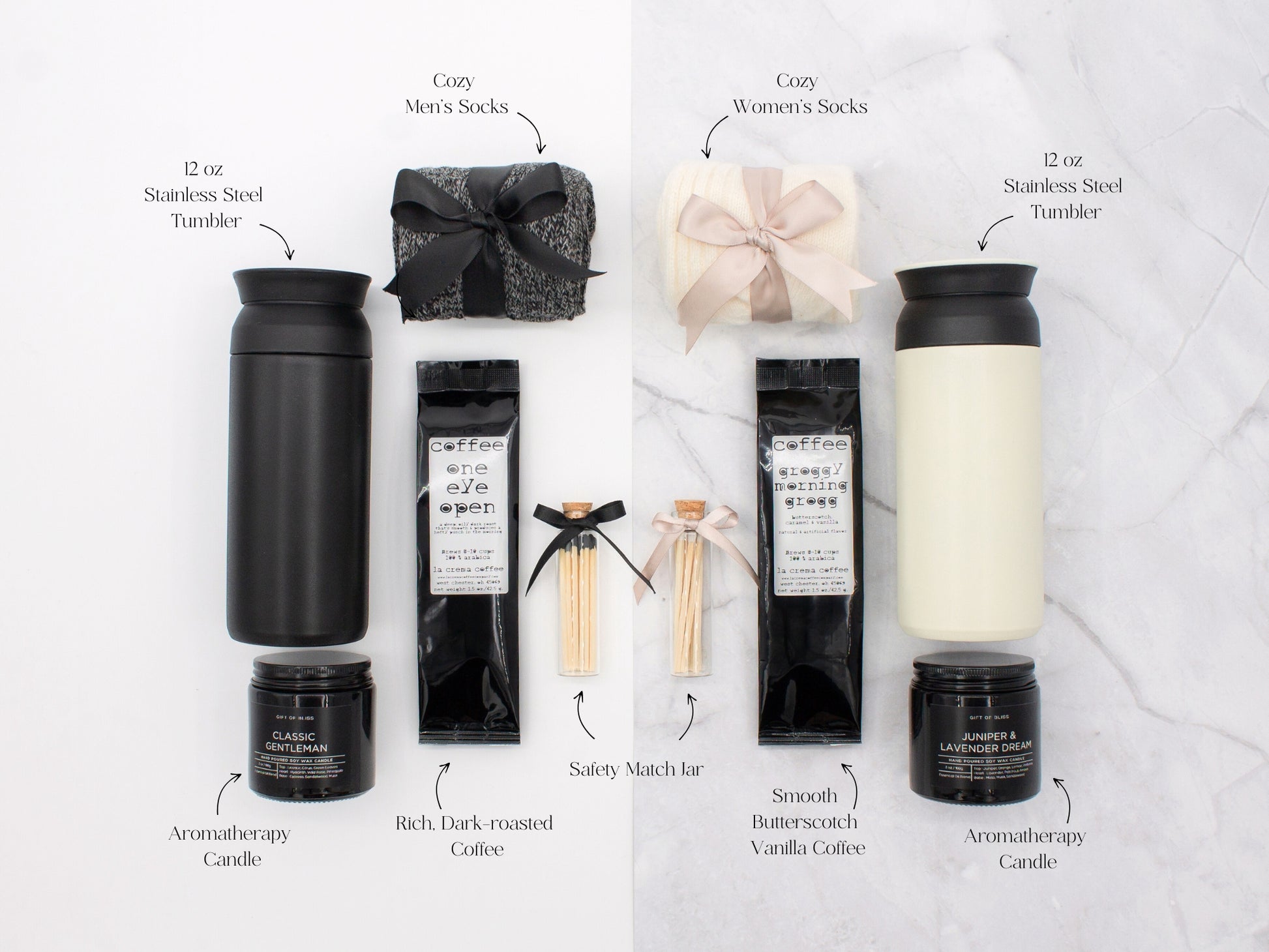 A gift box designed for two. Includes two stainless steel tumblers, a selection of fine coffees, elegant match jars, uniquely scented candles, and cozy socks for both. Ideal for creating shared moments of relaxation and connection.
