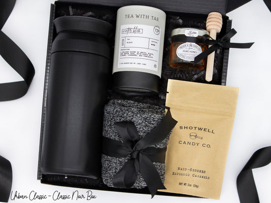 Specially crafted gift box for men, ideal for anyone. Includes a stainless steel tumbler, tea, honey, sweet treats, and cozy socks. Perfect for relaxation & appreciation, complete with a personalized greeting card.