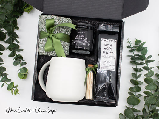 Specially crafted gift box, ideal for modern individuals who value style and comfort. Includes 12 oz ceramic mug, selection of coffee flavors, aromatic candles and matches, and stylish mens socks, all arranged for a memorable experience.