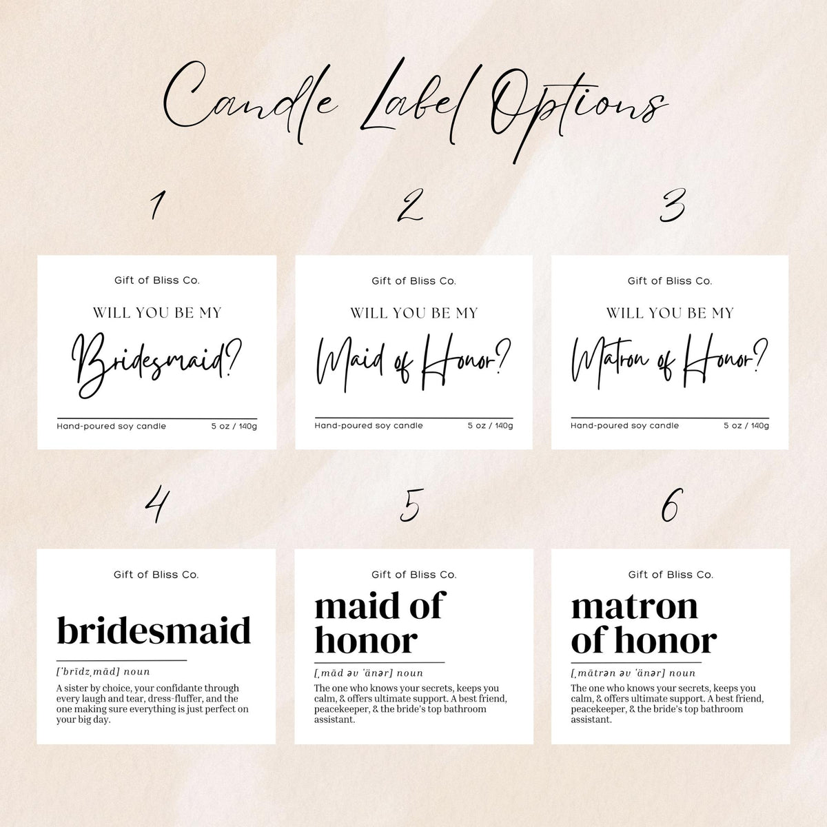 Candle label design options 1 to 6 for bridesmaid, maid of honor and matron of honor proposals