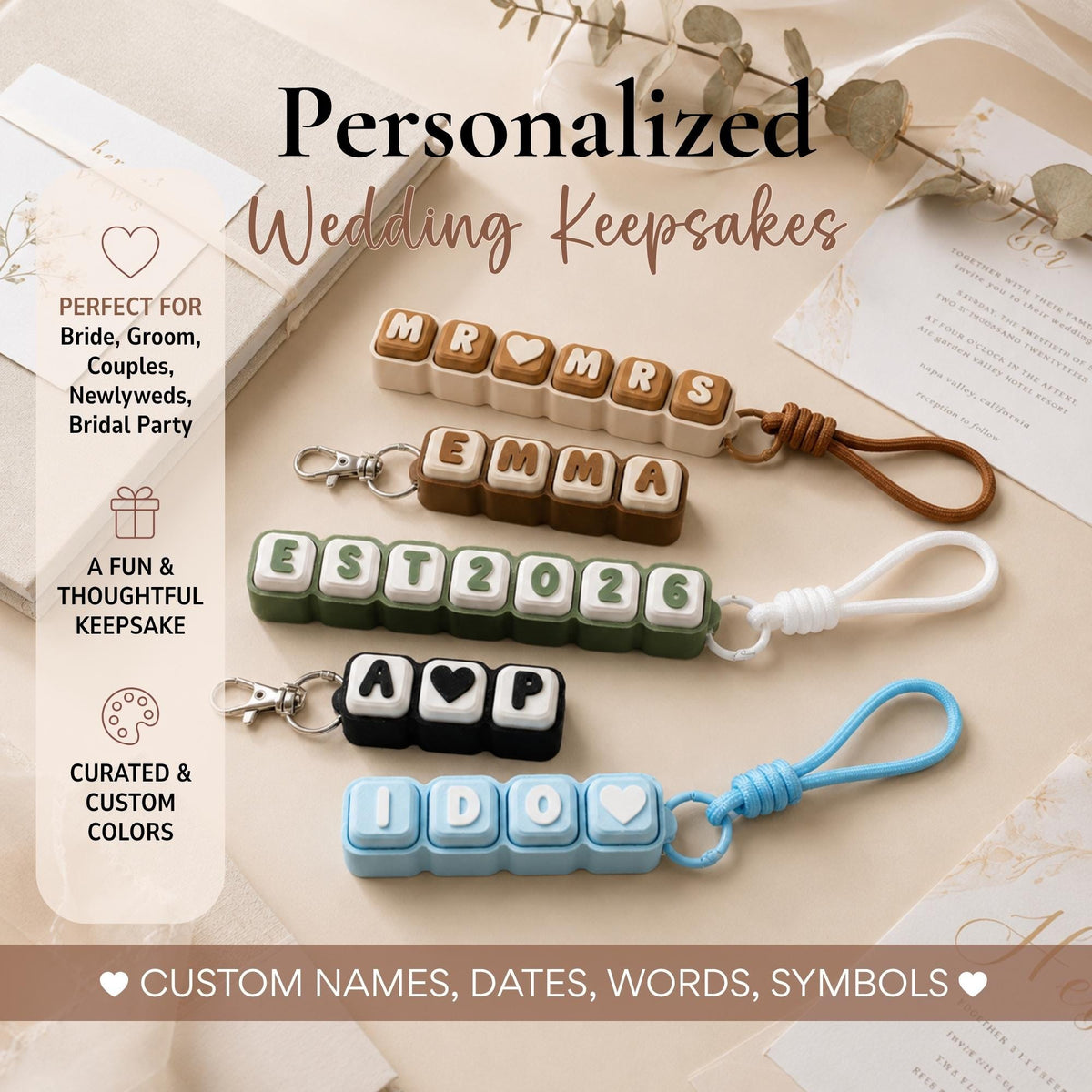 Personalized Bride Gift, Custom Wedding Clicker Keychain,  Future Mr Mrs, Engagement & Couple Keepsake